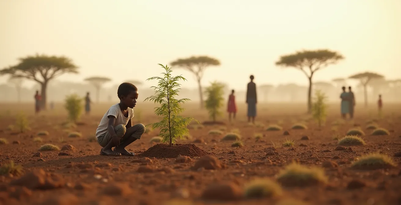 Ein Kind pflanzt gemeinsam mit einheimischen Helfern einen Baum in der afrikanischen Savanne