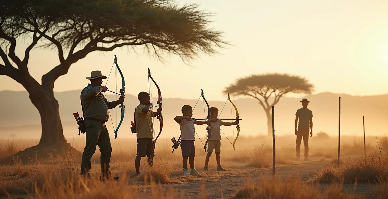 Ranger zeigt Kindern sicheres Bogenschießen mit Sicherheitsabstand
