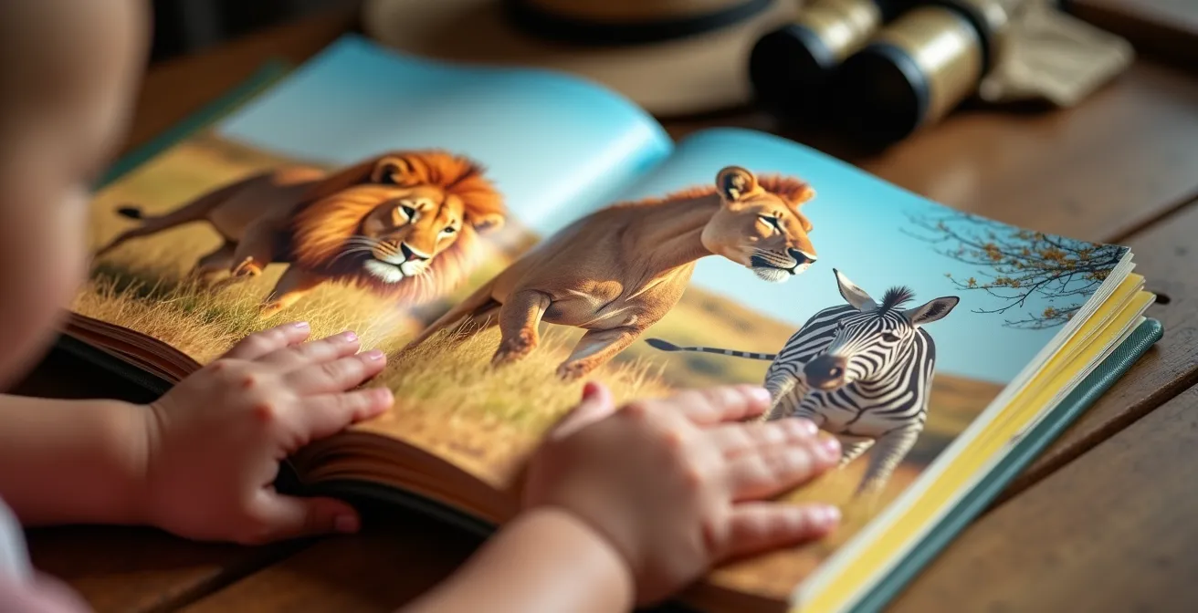Kinderhände halten ein aufgeschlagenes Safari-Bilderbuch mit bunten Tierfotos