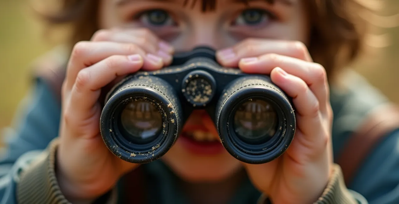 Kind beobachtet mit altersgerechtem Fernglas Tiere auf Safari