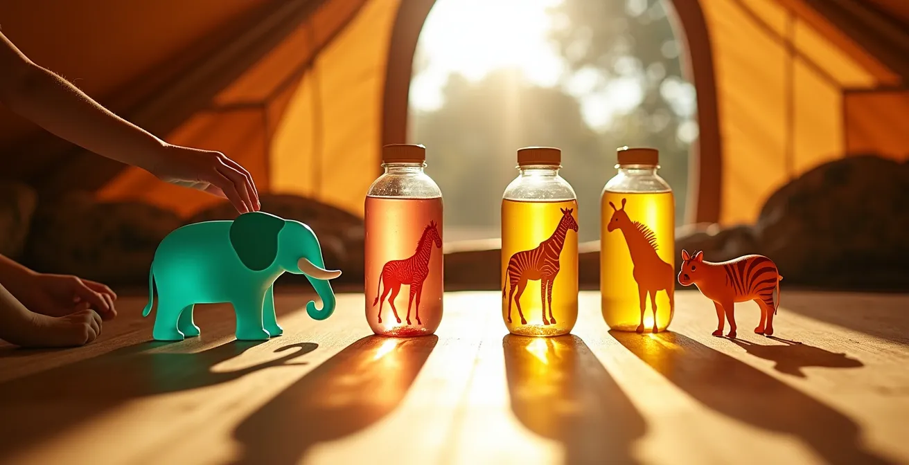 Kinder mit bunten Trinkflaschen und Safari-Stickern, die spielerisch zum Wassertrinken animiert werden.