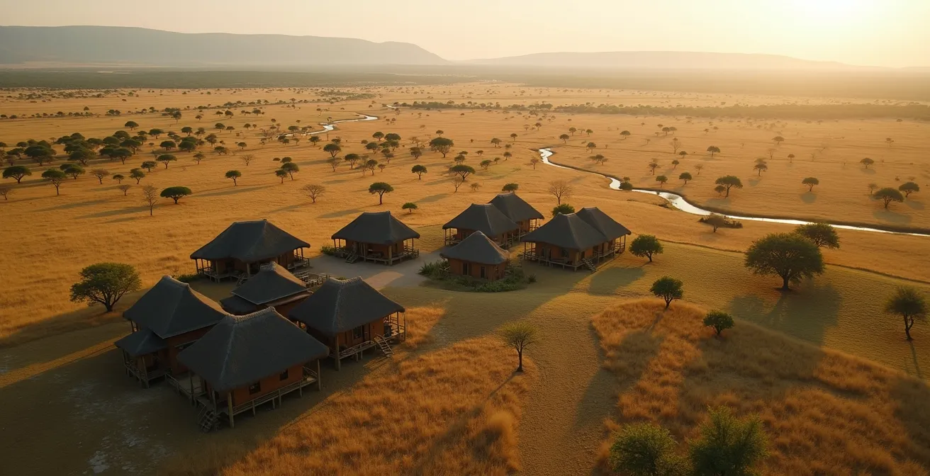 Luftaufnahme einer privaten Safari-Lodge umgeben von unberührter Wildnis