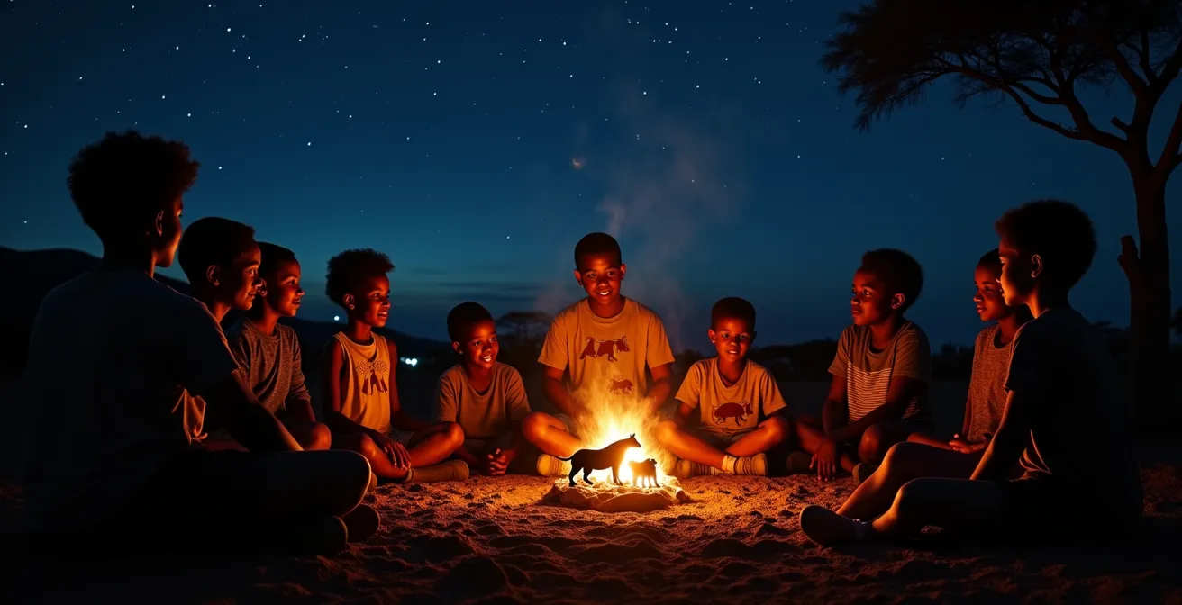 Kinder lauschen gebannt einer Erzählung am nächtlichen Lagerfeuer unter Sternenhimmel