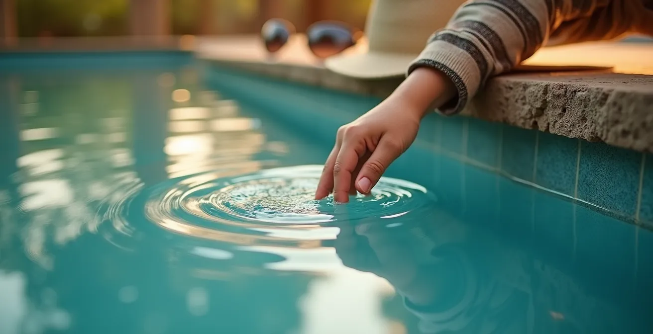 Eine Familie entspannt sich zur Mittagszeit am Pool einer Safari-Lodge in Afrika.
