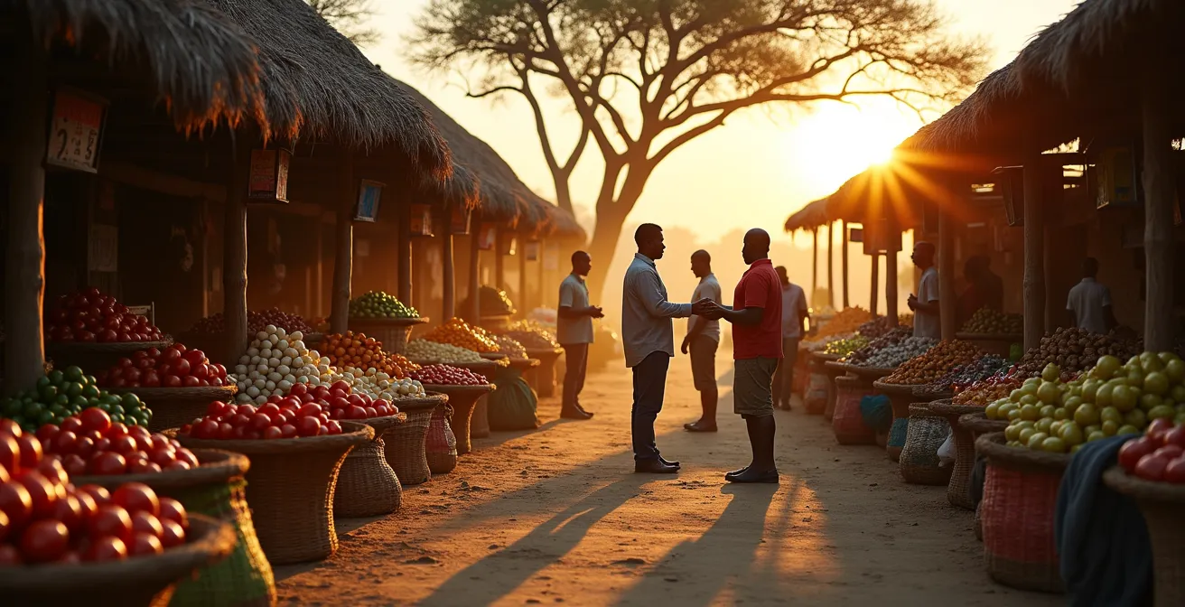 Lodge-Mitarbeiter kaufen frisches Gemüse von lokalen Bauern auf afrikanischem Markt