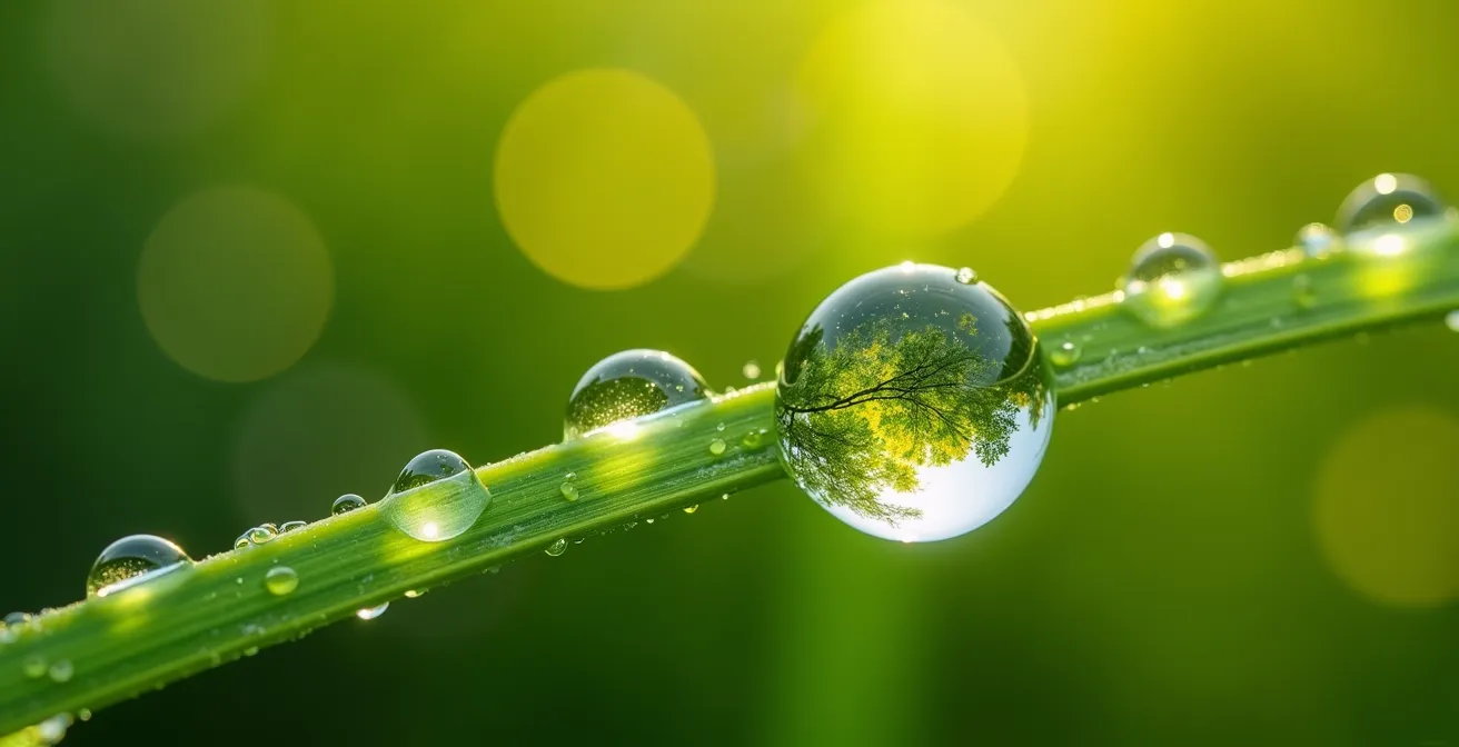 Makroaufnahme von Tautropfen auf grüner Vegetation in der afrikanischen Green Season