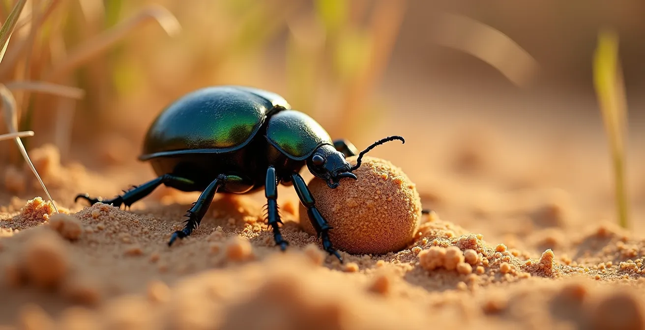 Nahaufnahme eines Mistkäfers bei der Arbeit fasziniert Kinder auf Safari