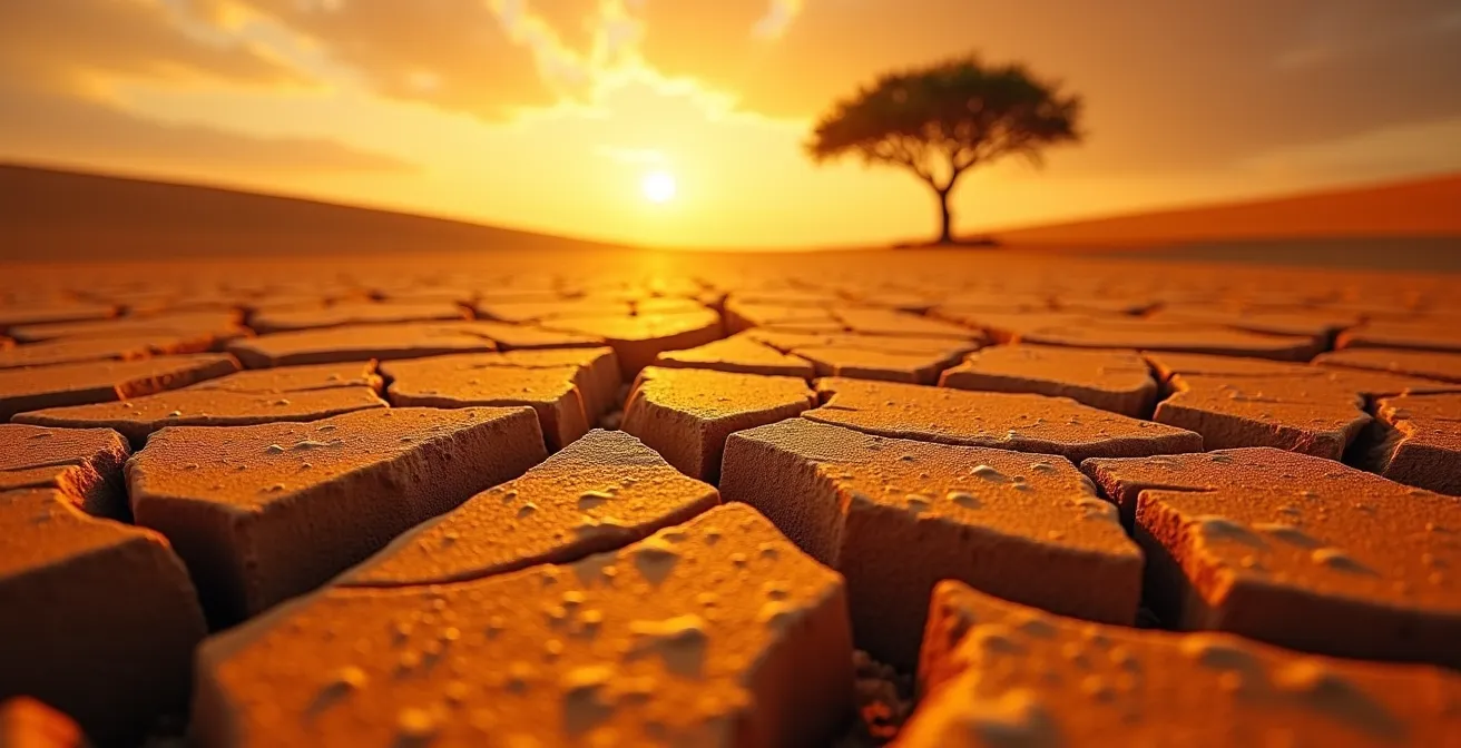 Hitzeflimmern über der afrikanischen Savanne im Oktober, das die Landschaft verzerrt.