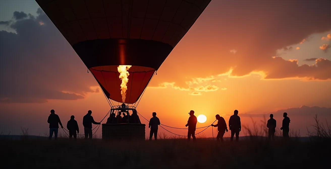 Heissluftballon wird bei Morgendämmerung in der Serengeti vorbereitet, goldenes Licht über der Savanne