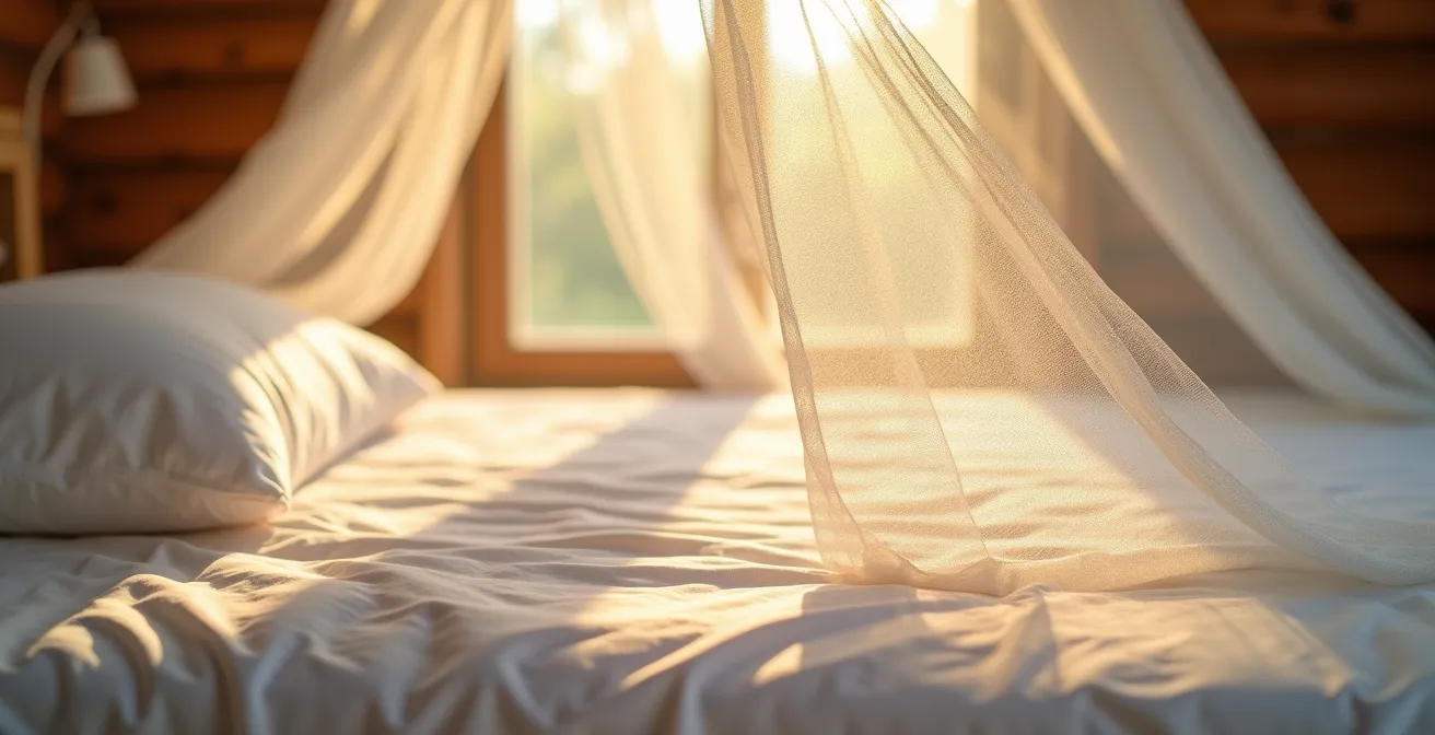 Detailaufnahme eines mit Permethrin behandelten Moskitonetzes über einem Bett