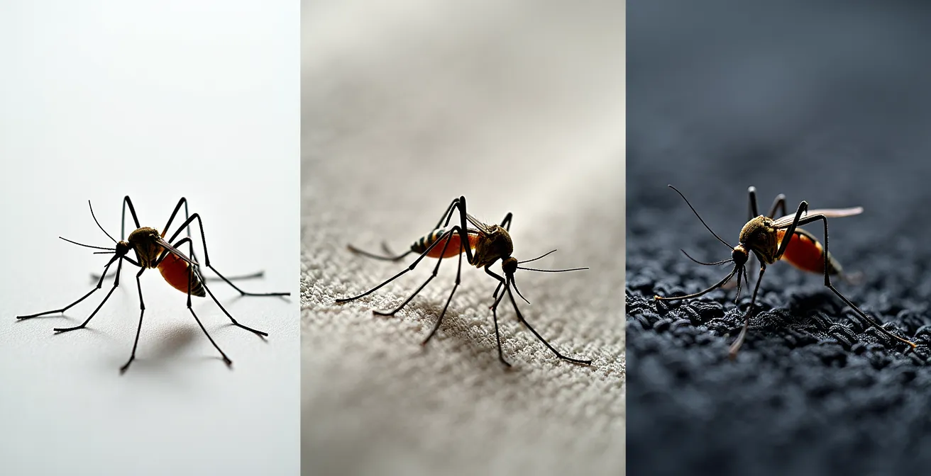 Makroaufnahme verschiedener Stoffgewebe, die die unterschiedliche Dichte von Baumwolle und Synthetik im Vergleich zum Schutz vor Mückenstichen zeigt.