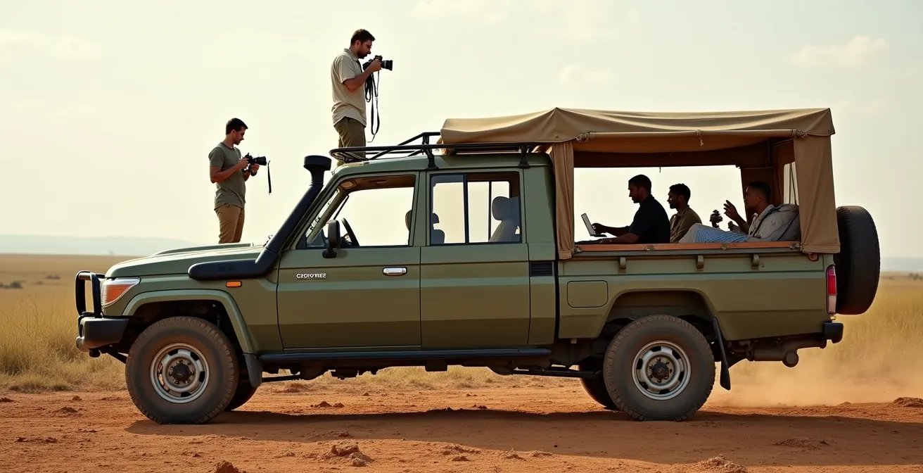 Gegenüberstellung eines offenen Safari-Jeeps und eines geschlossenen Land Cruisers im Einsatz