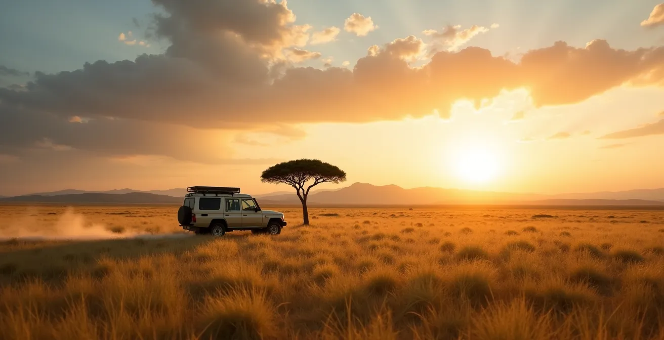 Einzelnes Safari-Fahrzeug in weiter Landschaft einer privaten Konzession