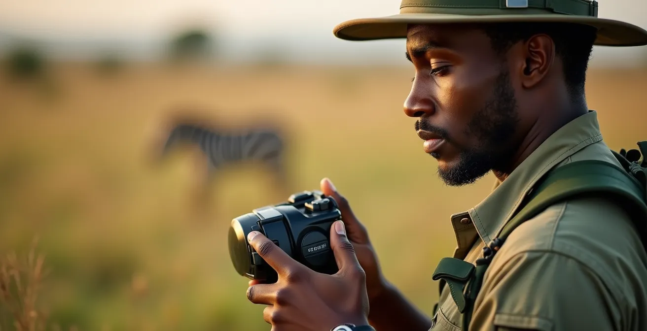 Ein Ranger in Uniform bei der Überprüfung von Wildtier-Tracking-Ausrüstung in einer privaten Konzession.