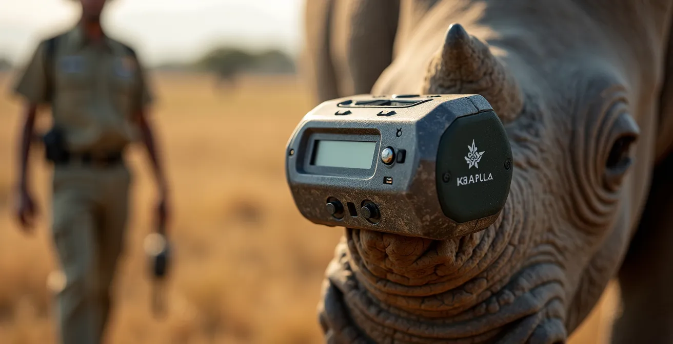 Nahaufnahme eines GPS-Trackers am Horn eines Nashorns mit unscharfem Ranger im Hintergrund