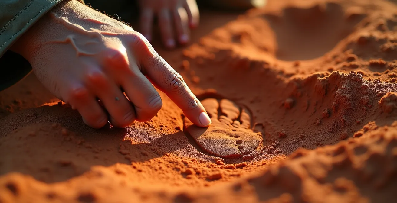 Ein afrikanischer Ranger erklärt Kindern Tierspuren im Busch