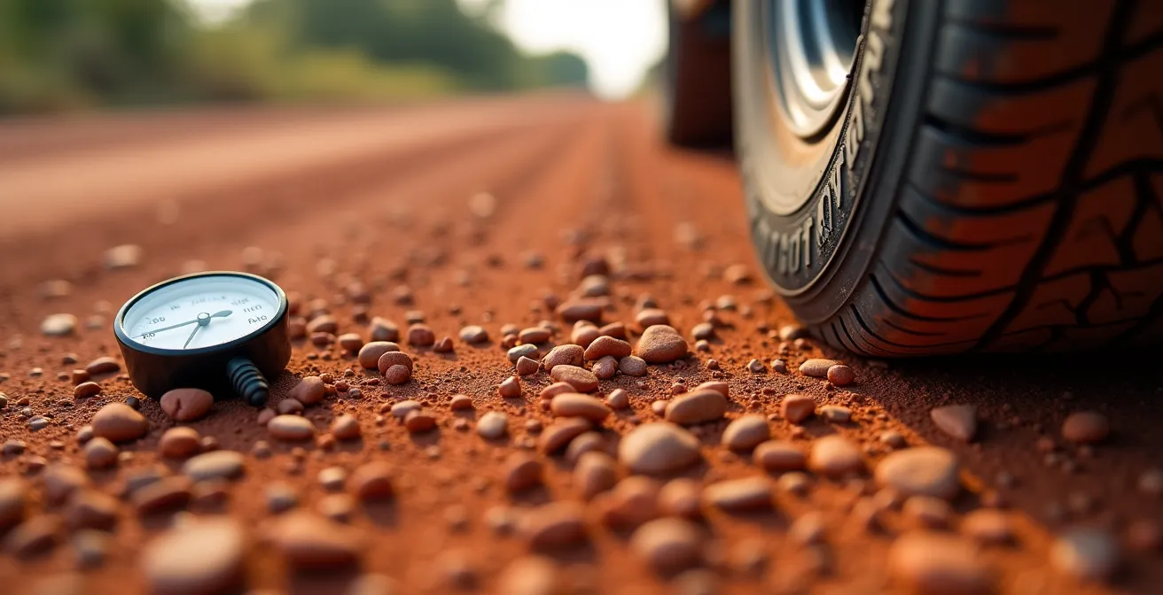 Nahaufnahme eines 4x4-Reifens mit eingebetteten Steinen auf roter Schotterpiste
