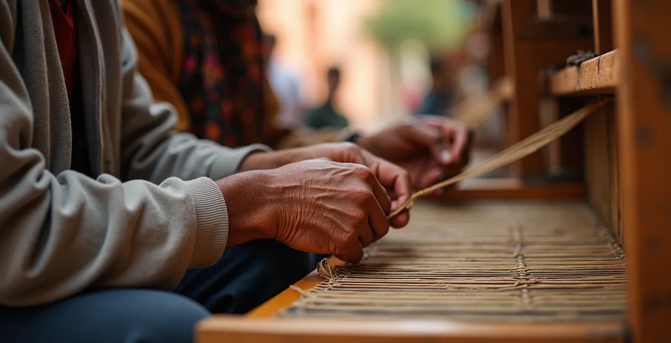 Hände eines Handwerkers und eines Besuchers im respektvollen Austausch über Kunsthandwerk, ohne aufdringlichen Verkaufsdruck