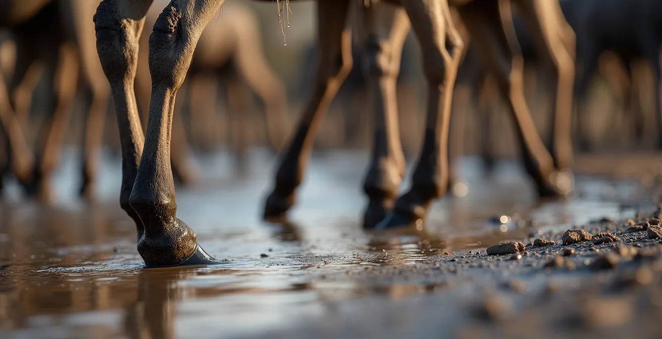 Gnuherde wartet am Mara-Flussufer in der Morgendämmerung vor der Überquerung