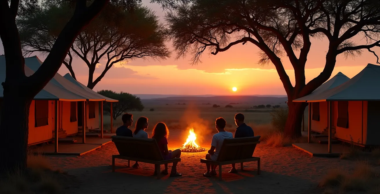 Familie genießt Abendstimmung am Lagerfeuer im Safari-Camp