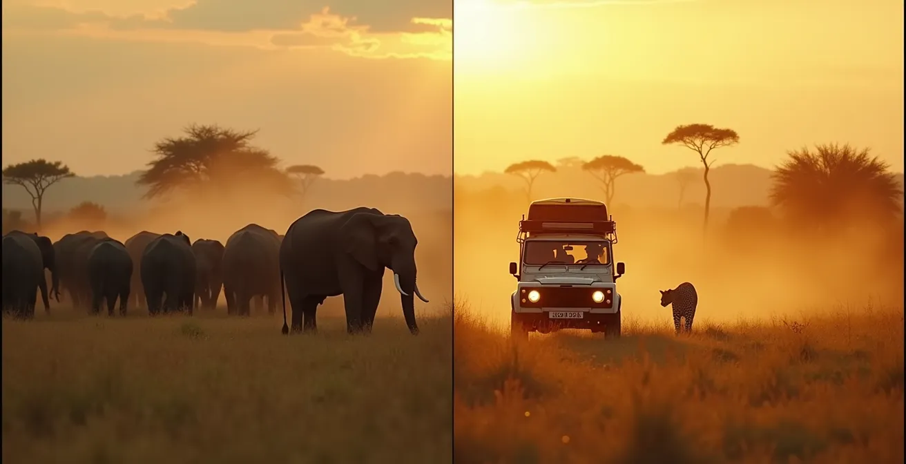 Zwei gegensätzliche Safari-Erlebnisse: Links drängen sich mehrere Fahrzeuge um ein Tier in einem Nationalpark, rechts beobachtet ein einzelnes Fahrzeug ein Tier aus respektvoller Entfernung in einem privaten Reservat.