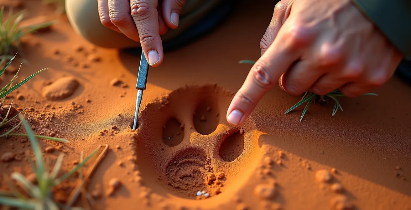 Nahaufnahme von Guide-Händen, die Tierspuren im Sand demonstrieren