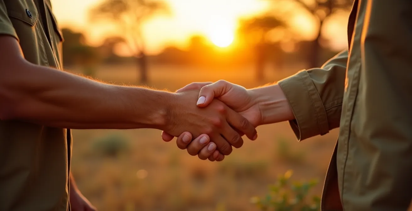 Symbolischer Moment der Wertschätzung zwischen Safari-Gast und Guide bei Sonnenuntergang