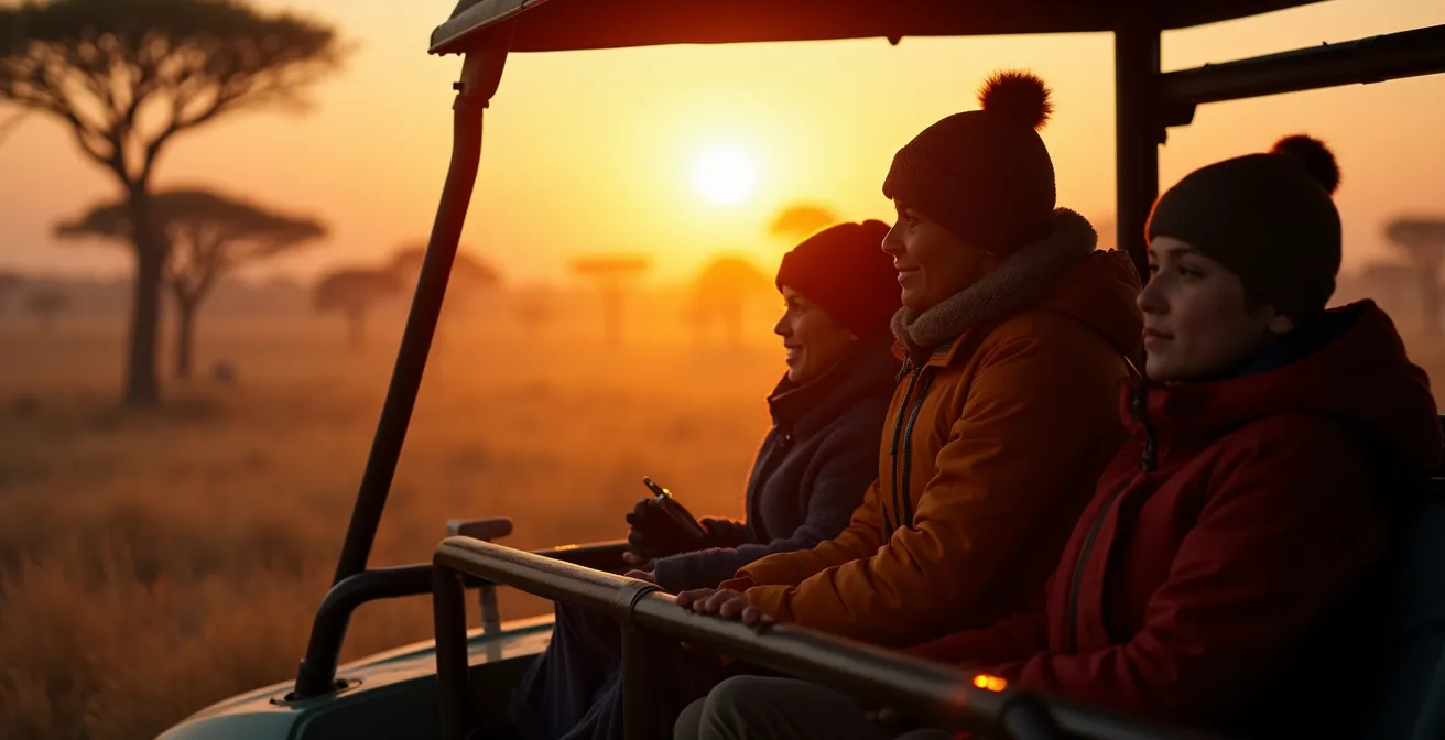 Offener Safari-Jeep in der Morgendämmerung mit Nebel über der Savanne