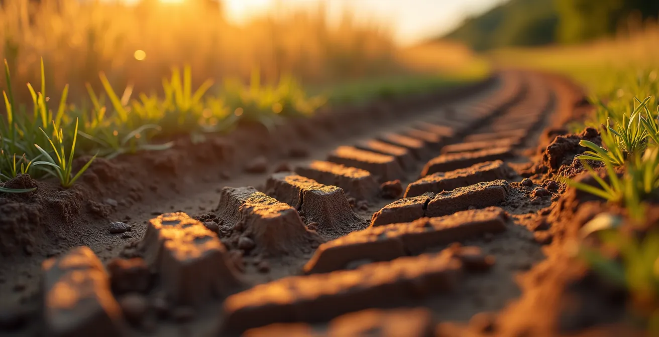 Makroaufnahme von beschädigter Grasnarbe durch Reifenspuren