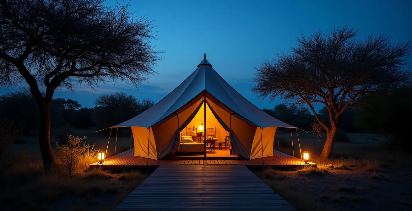 Beleuchtetes Safari-Zelt in der Nacht mit Schatten und Sicherheitsbeleuchtung