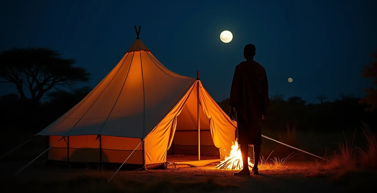 Safari-Zelt bei Nacht mit Wächter und schützendem Lagerfeuer, das eine unsichtbare Sicherheitsbarriere symbolisiert