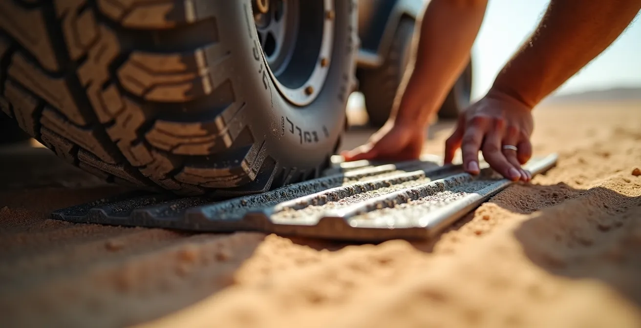 Ein Team von Reisenden platziert unter Anleitung gemeinsam Sandbleche unter dem Reifen eines im Wüstensand steckengebliebenen 4x4-Fahrzeugs.
