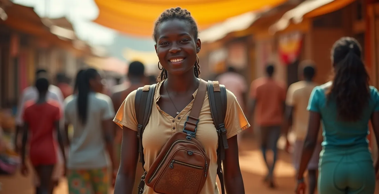 Reisender auf afrikanischem Markt mit sicher positionierter Umhängetasche