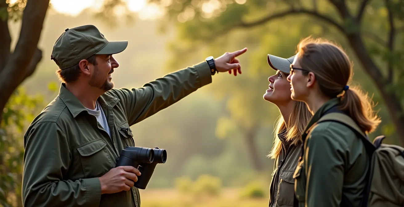 Safari-Guide zeigt Gästen seltene Vogelart durch Fernglas