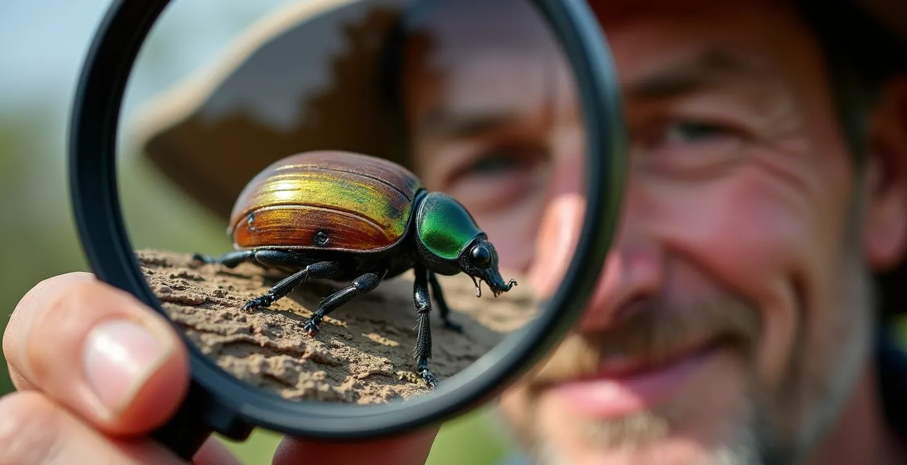 Safari-Guide untersucht mit Makro-Equipment winzige Details der afrikanischen Insektenwelt