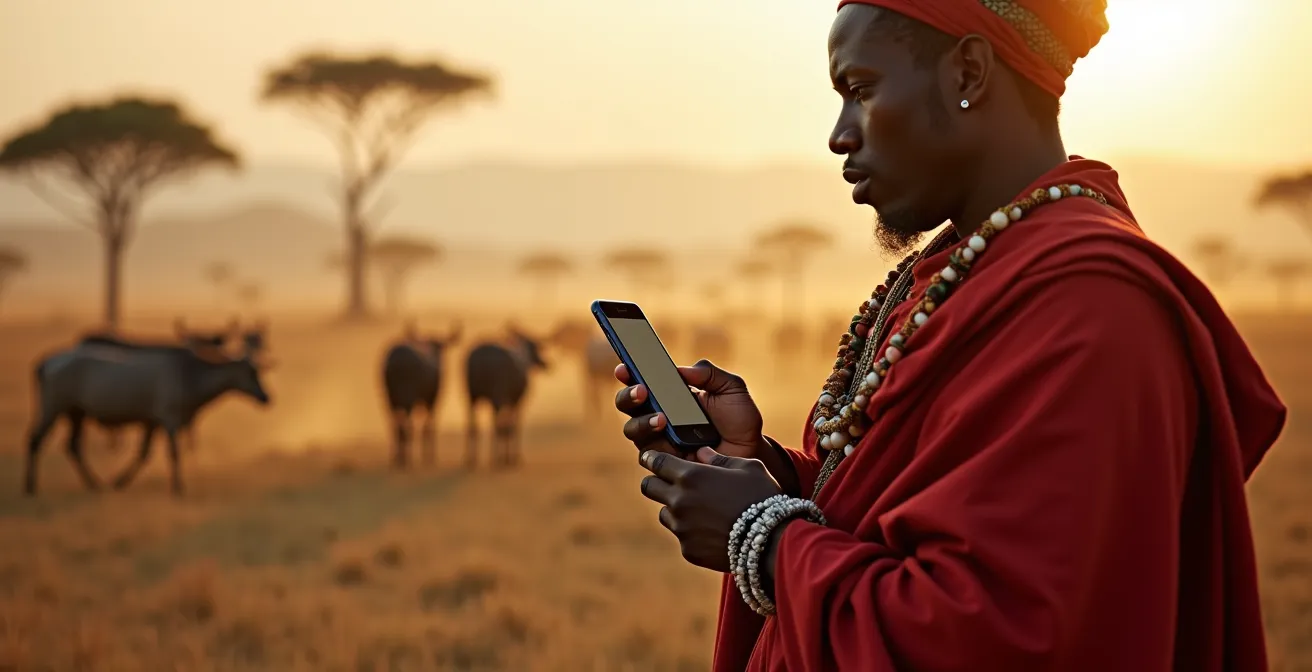 Maasai-Hirte nutzt Smartphone zur Navigation in der afrikanischen Savanne