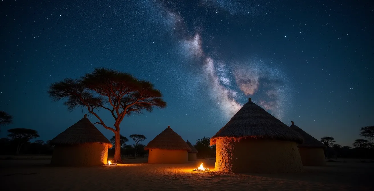 Traditionelle afrikanische Lehmhütte unter sternenklarem Nachthimmel ohne Lichtverschmutzung