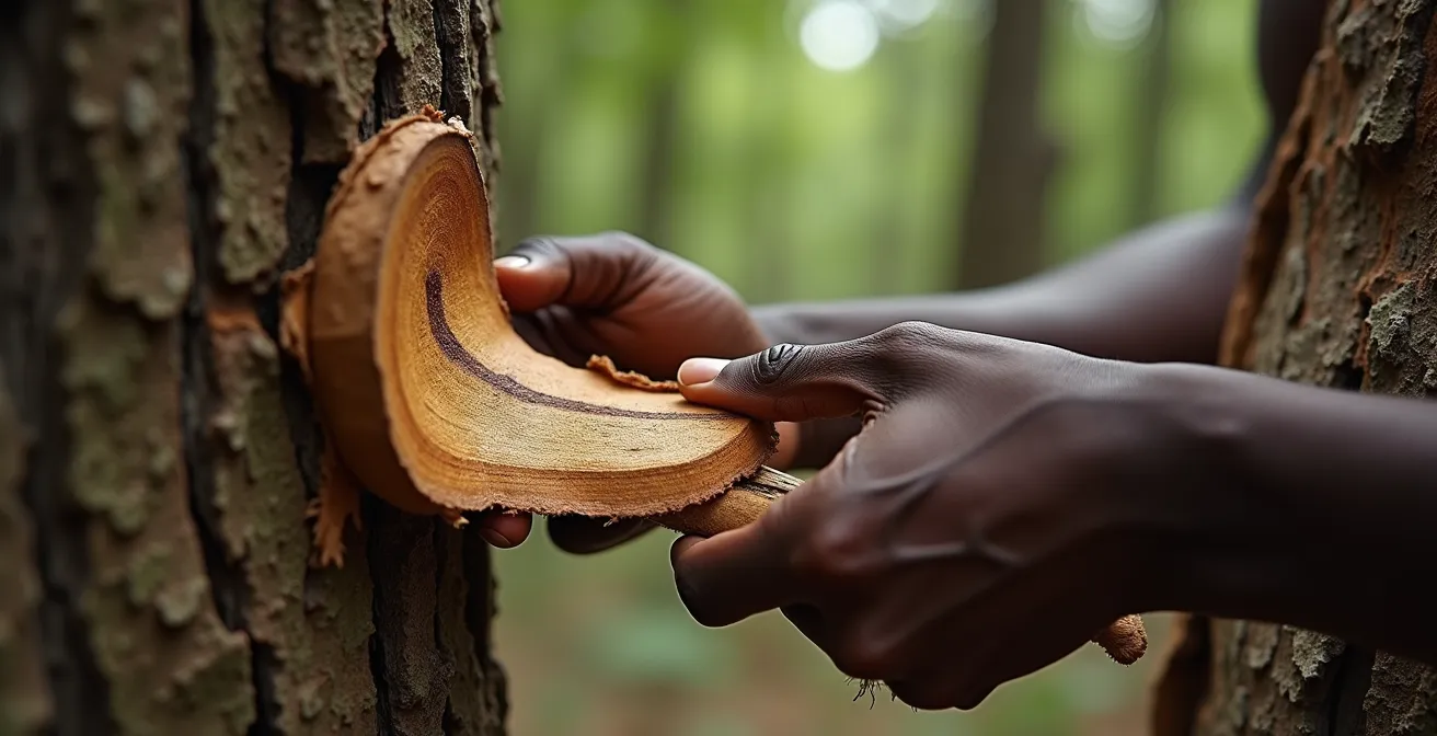 Traditioneller Heiler bei der Vorbereitung von Baumrindenmedizin