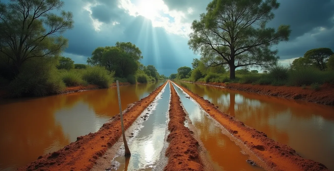 Überflutete Erdpiste mit versunkenem Fahrzeugweg in afrikanischer Regenlandschaft
