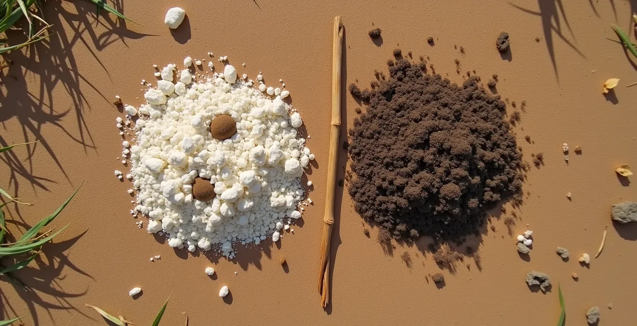 Gegenüberstellung von weißem Hyänenkot und dunklem Leopardenkot auf Savannenboden