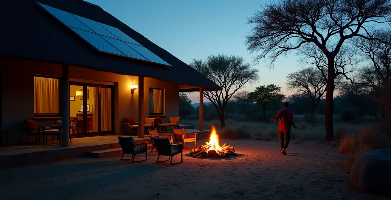 Verlassene Safari-Lodge bei Dämmerung, die die wirtschaftlichen Auswirkungen des Tourismus-Einbruchs symbolisiert