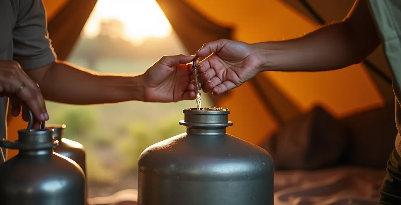 Reisende nutzen tragbare Wasserfilter im Safari-Camp