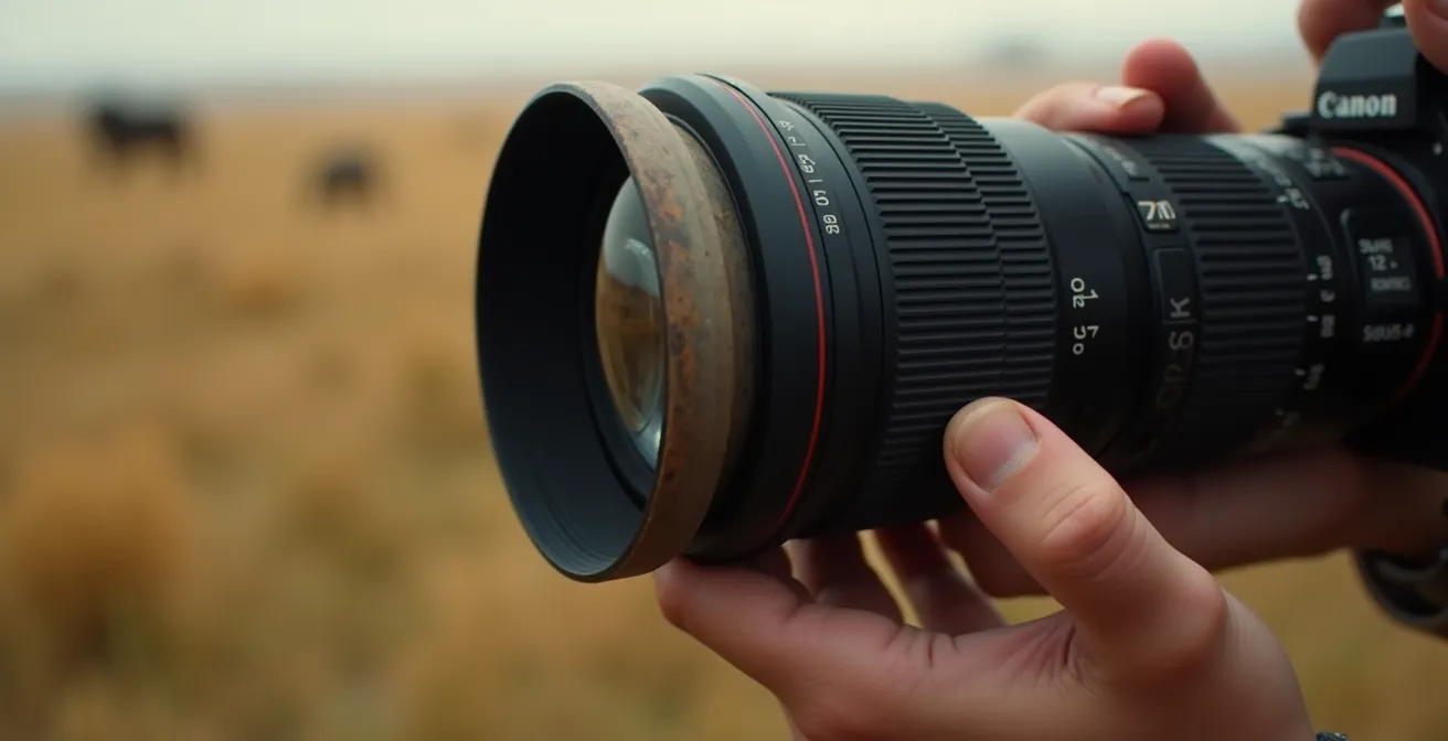 Nahaufnahme der Hände eines Fotografen, der ein Teleobjektiv justiert, mit einer unscharfen Wildtierszene im Hintergrund, die den ethischen Abstand symbolisiert.